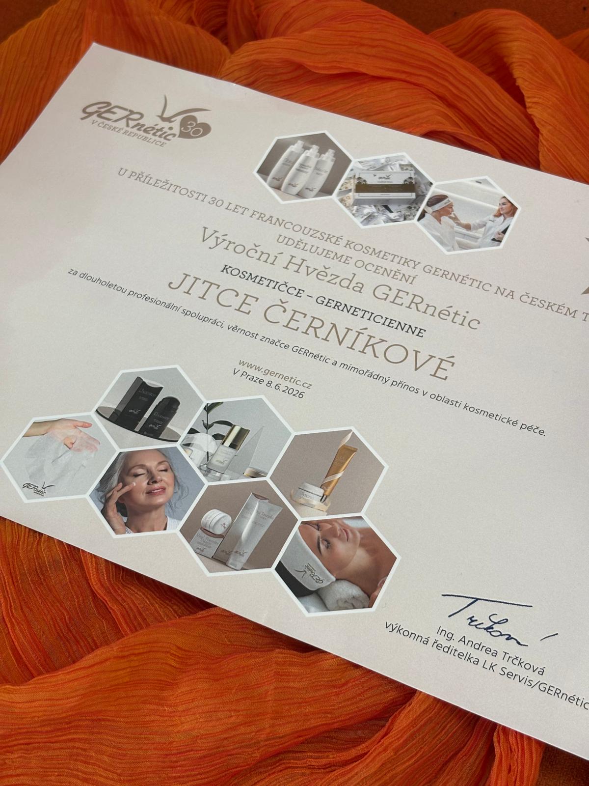 Certifikát Výroční hvězda GERnétic udělený Jitce Černíkové za dlouholetou profesionální spolupráci